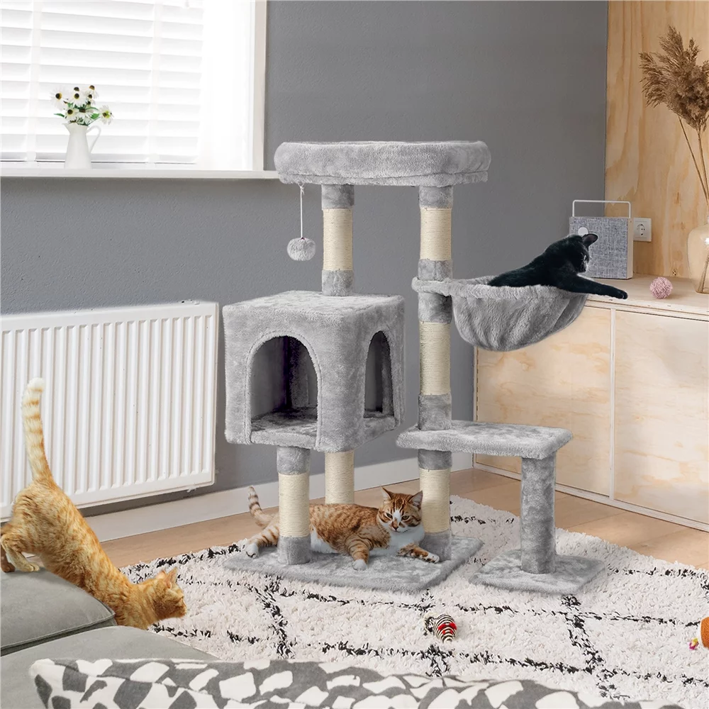 Topeakmart 38″ Cat Tree w/ Condo Perch Basket Scratchers, Light Gray