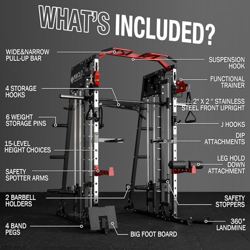 Mikolo Smith Machine, 2200lbs Squat Rack with LAT-Pull Down System & Cable Crossover Machine, Power Cage with Leg Hold-Down Attachment, Red