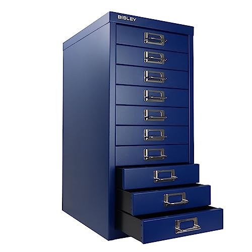 Bisley 10-Drawer Steel MultiDrawer Cabinet - Black, Chrome Pull Handles with Label Holders, Powder-Coated Steel, Removable Drawers, Fits Under Most Desks, Labels Included