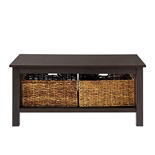 Walker Edison Coastal Black Living Room Coffee Table with Lower Shelf and Faux Rattan Wicker Baskets, 40 Inch
