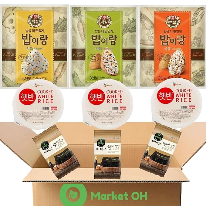 CJ Baeksul Korean Rice Seasoning Flakes (3 Flavors - Cheese, Vegetable, Seafood), 3 Seaweed, 3 Instant Rice - Variety Combo Pack - 백설 밥이랑 - Riceball Seaweed Kit Snack