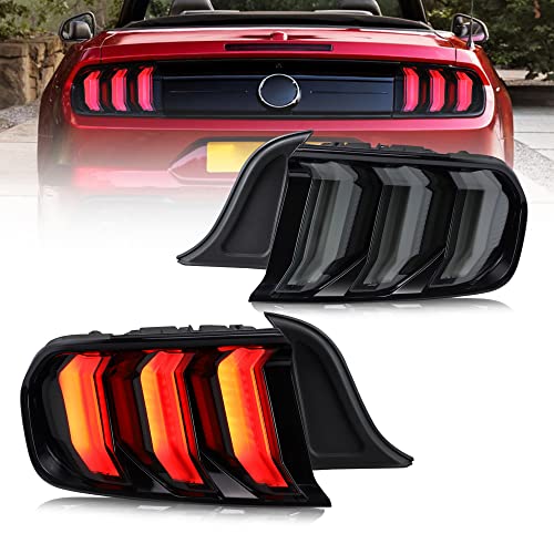 VLAND LED Rear Lights Compatible with Mustang 2015-2023 w/Sequential Amber/Red Turn Signal (5 Lighting Modes Switchable), Transparent Lens Taillight Assembly, Passenger&Driver Sides