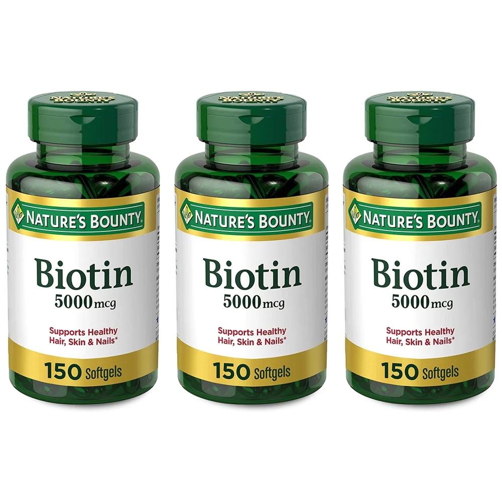 Nature's Bounty Biotin. Vitamin Supplement. Supports Metabolism for Cellular Energy and Healthy Hair, Skin, and Nails. 5000 mcg. 150 Softgels. Pack of 3