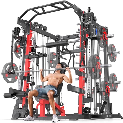 Power Cage Smith Machine Power Rack Multifunctional Deep Squat Rack Cable Crossover System Selectable More Training Attachment for Garage & Home Gym