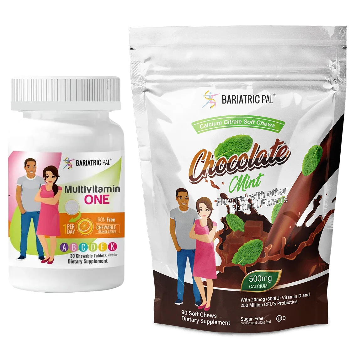 Gastric Bypass Complete Vitamin Pack - Chewables Size: 1-Month Supply, BariatricPal Multivitamin ONE: Orange Citrus Chewable - Iron Free, BariatricPal Calcium Citrate Soft Chews: Chocolate Mint
