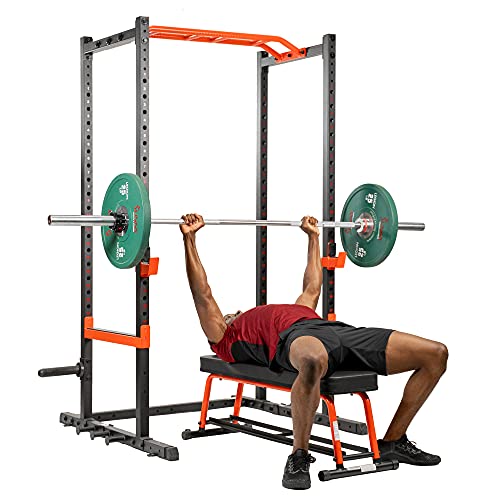 Sunny Health & Fitness Power Zone Strength Rack Power Cage - 1000 LB Weight Capacity, Spotter Bar, Angled Pull-Up Bar, J-Hooks, Resistance Band Pins, Optional LAT Pull Down
