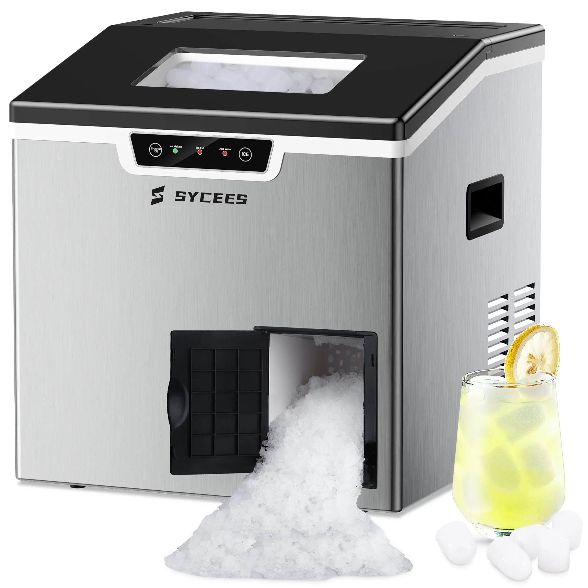 SYCEES 2-in-1 Ice Maker and Shaver Machine - Countertop Ice Maker with Ice Scoop and Basket - Bullet-Shaped Ice Cubes Ready in 10 Minutes - Crushed Ice for Drinks and Food - ETL Certified
