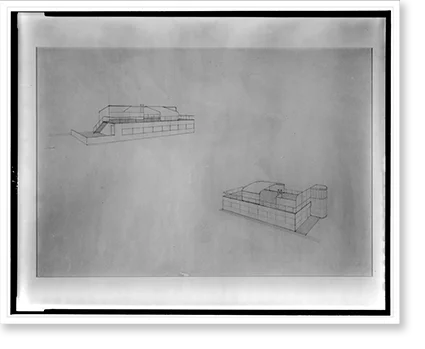Historic Framed Print, [Nucleus House. Exterior showing different screening and canopy systems for roof terrace with furniture. Perspective projection. Rendering], 17-7/8
