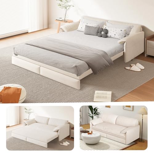 66-Inch Queen Size Convertible Sleeper Sofa Bed, 3-in-1 Pull-Out Futon Loveseat, Velvet Love Seat Couch with Side Pocket for Living Room, Office, Apartment, RV, Hide-A-Bed Fold Out Sofa&Couch