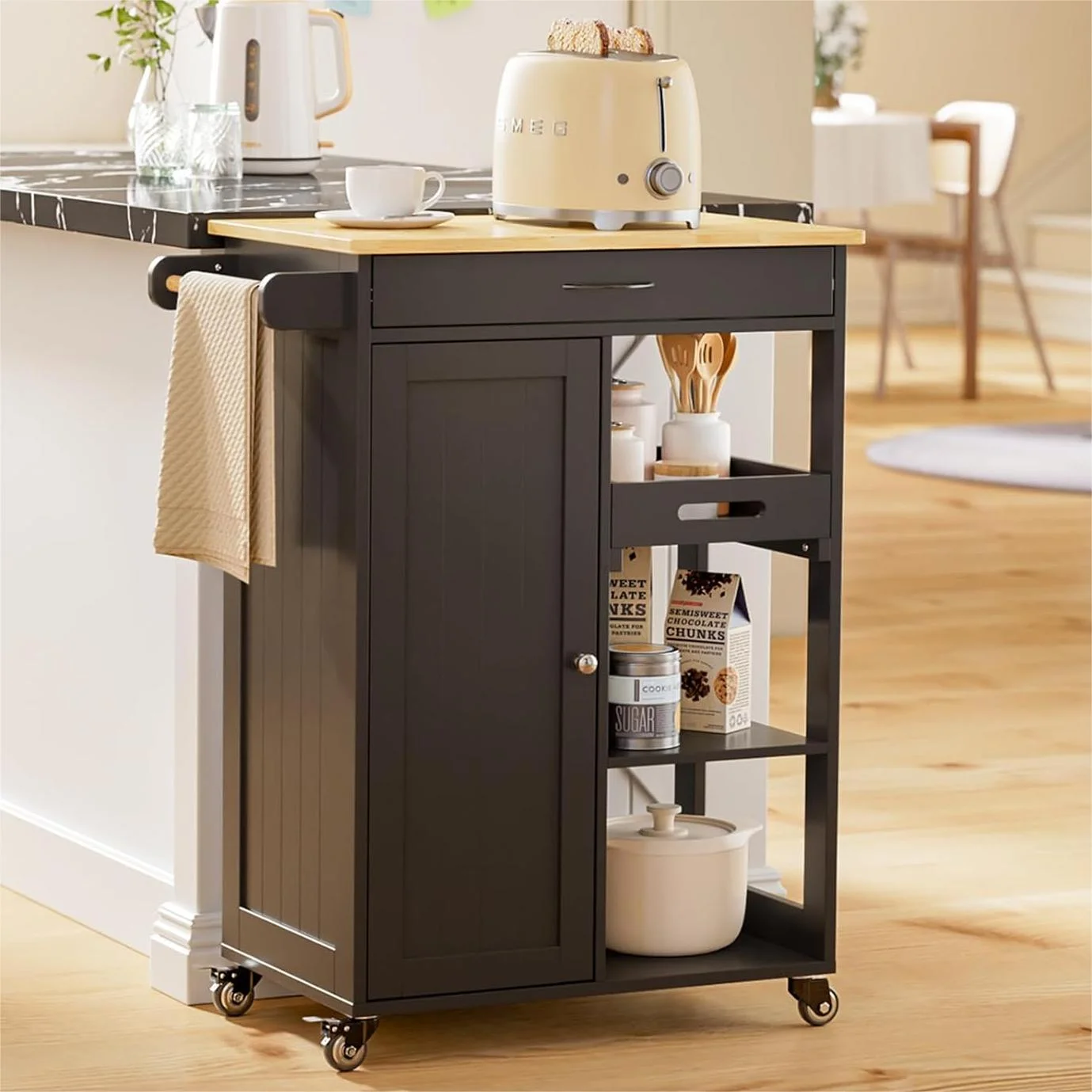 Kitchen Island Cart with Removable Tray, Lofka Kitchen Cart Microwave Cart with Drawer, Cabinet, Towel Rack, Hooks and 3 Open Storage Shelves, Black