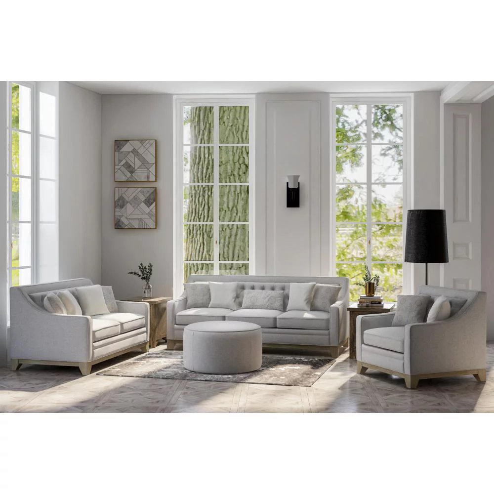 Wallace & Bay Herman Classic Gray Loveseat with Button Tufting, Track Arms, And Weathered Wood Base