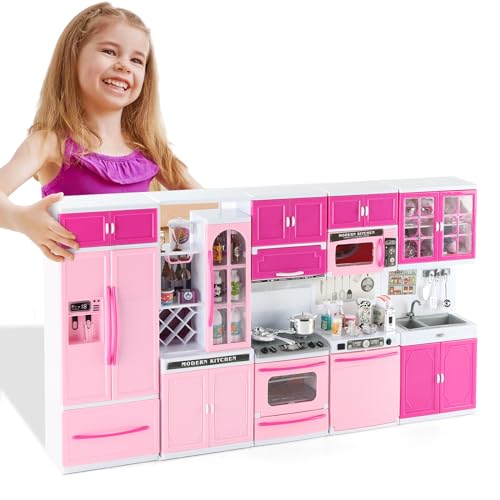 64 PCS Pink Kitchen Toys with Lights Sounds|Mini Kitchen House Furniture Sets for Kids Ages 4-8|Doll Playset Toys for Toddlers 3-5|Birthday Gifts for 3 4 5 6 7 8 Old Girls