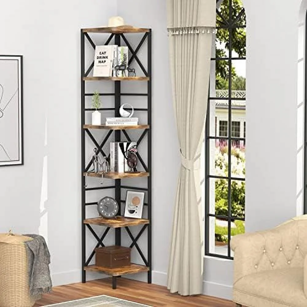 HOOMHIBIU Corner Bookshelf  6  Bookcase  Farmhouse Book Shelves  Mid Century Vintage L Shaped Bookshelf  Rustic Brown