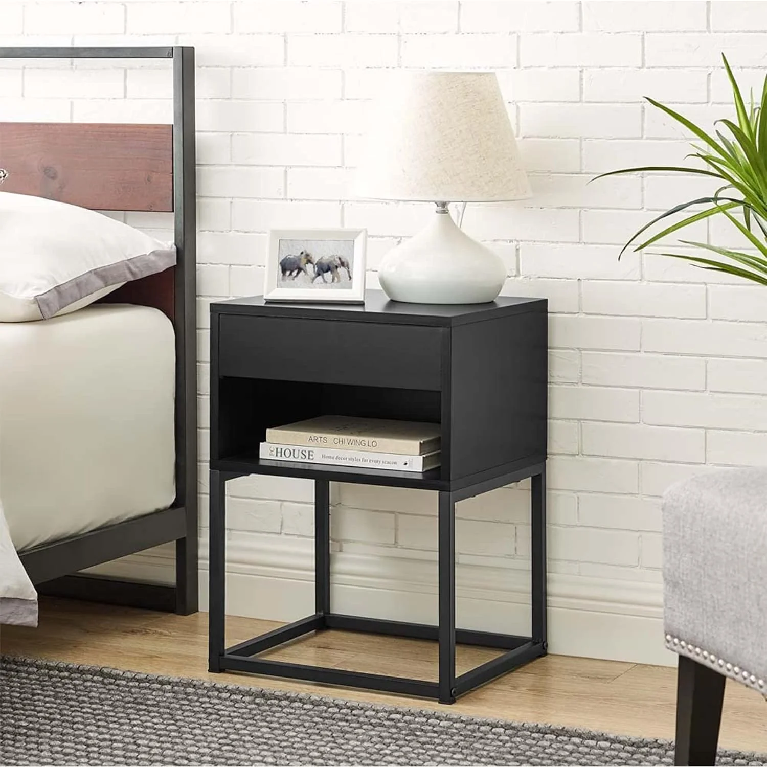 Inch Tall Simple Rectangular End Table Nightstand With Flat Top, Pull Out Drawer, And Open Shelving, Metal Leg Design, Black