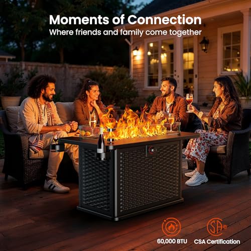 AMADA HOMEFURNISHING 43 Inch Propane Fire Pit Table, 60,000 BTU Gas Fire Pit with Premium Glass Rocks, Wind Guard Glass Shield, Waterproof Cover, Cup Holders, Fire Table for Patio and Garden