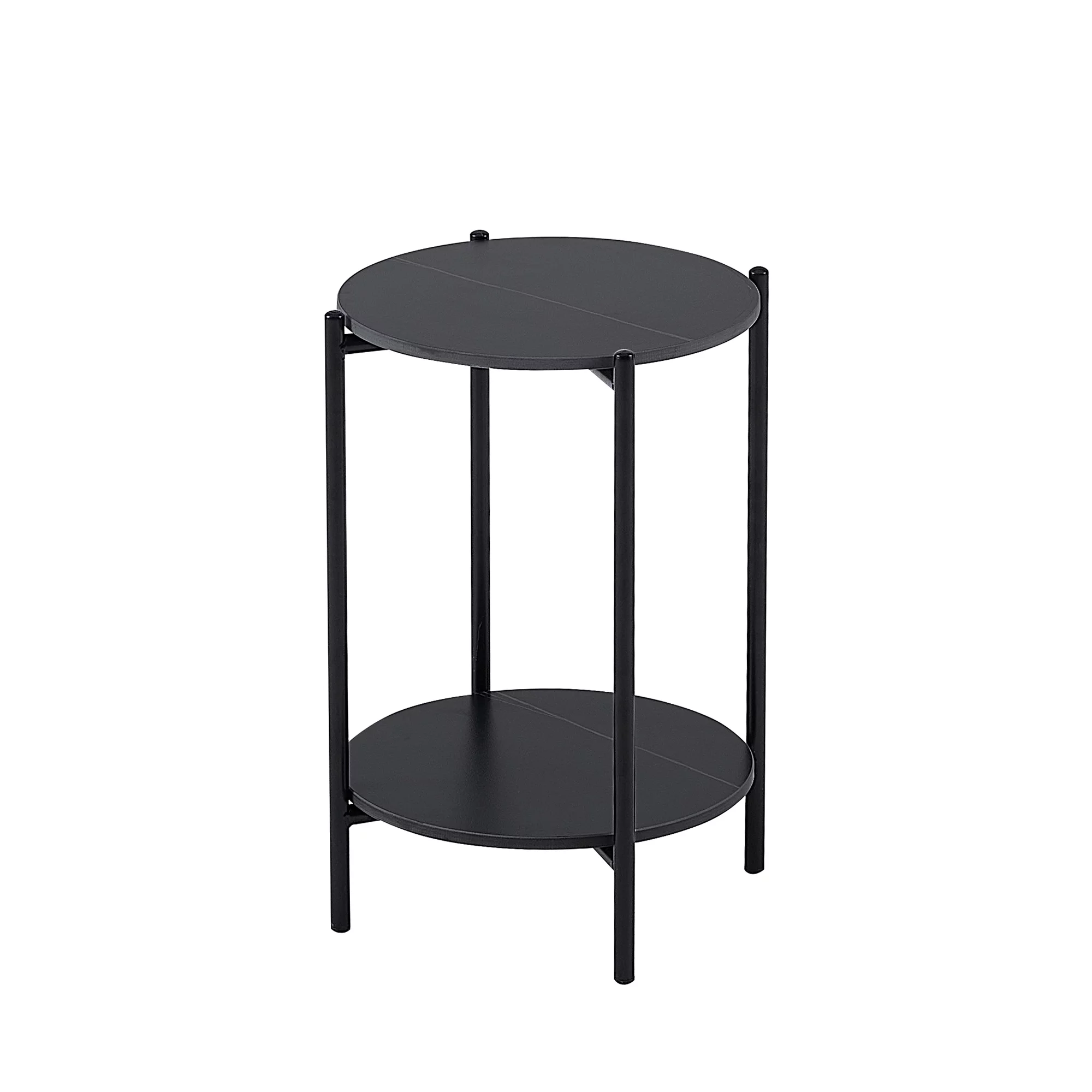 2-Tier End Table,Faux Marble Tabletop Round Coffee Table with Black Metal Frame, Black