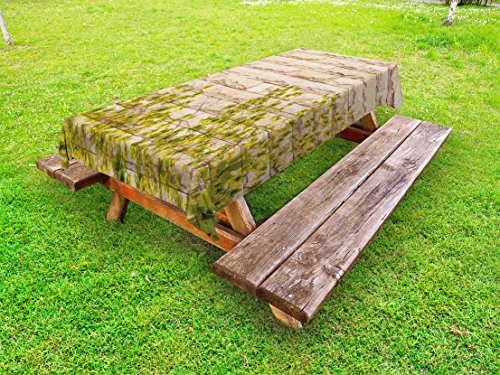 Ambesonne Brick Wall Outdoor Tablecloth, Ground Creepy Climbing Wood Ivy Plant Leaf on Brick Wall Nature Flower Invasion, Decorative Washable Picnic Table Cloth, 58
