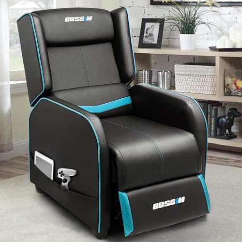 BOSSIN Gaming Recliner Chair for Adults 400lbs Racing Style Sofa Big and Tall PU Leather Recliner Seating, Modern Ergonomic Lounge Comfortable Home Movie Theater for Living Room(Cyan)