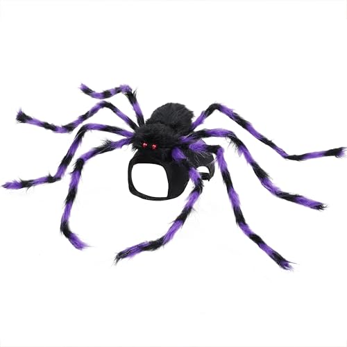 Halloween Spider Costume for Dog Cat, Furry Purple and Black, with 8 Legs, Adjustable Party Decoration, Medium