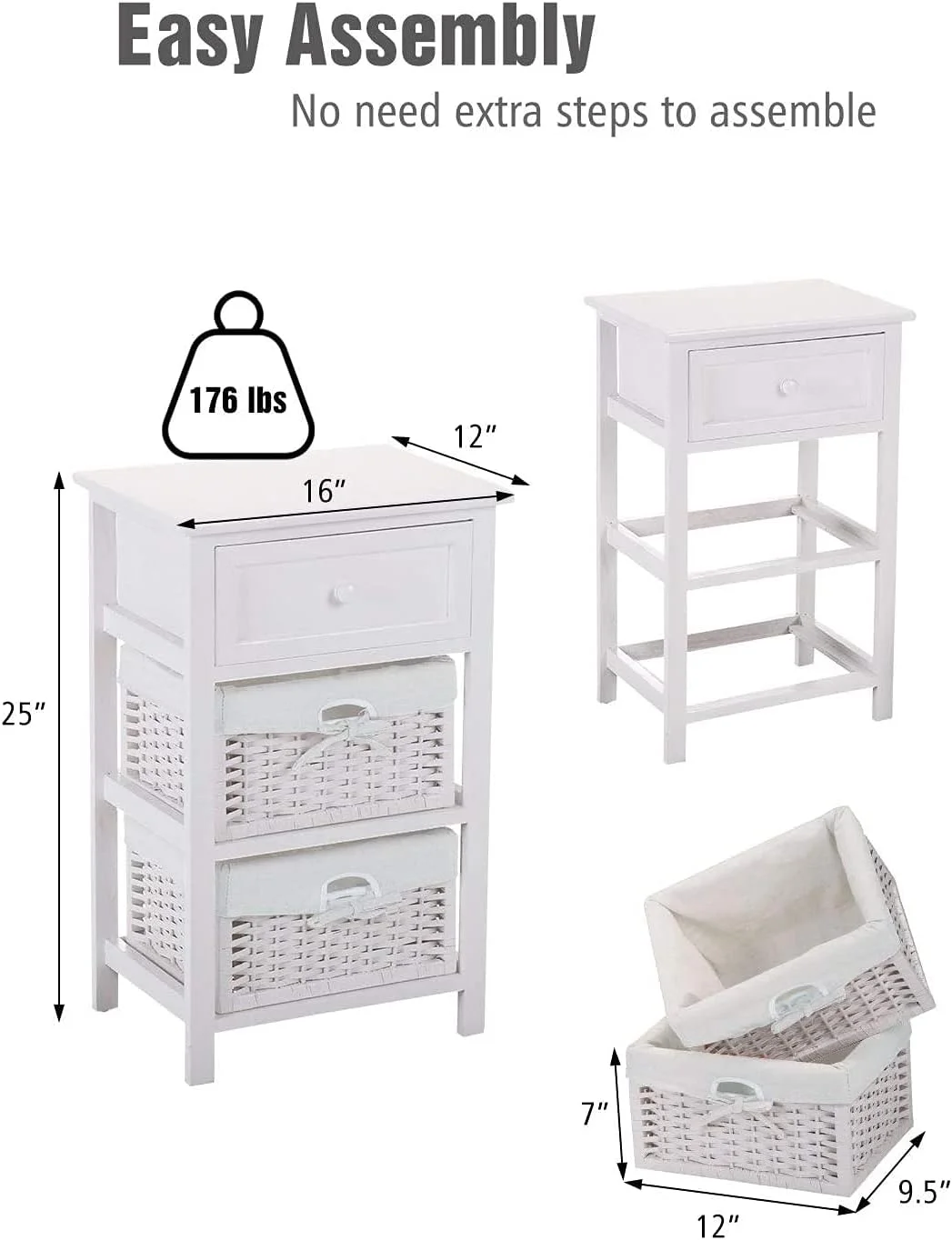 TJUNBOLIFE Nightstand 3 Tiers Bedside Table with One Drawer 2 Baskets    for Small Spaces Bedroom Wooden Frame Solid Night Stand End Table  White