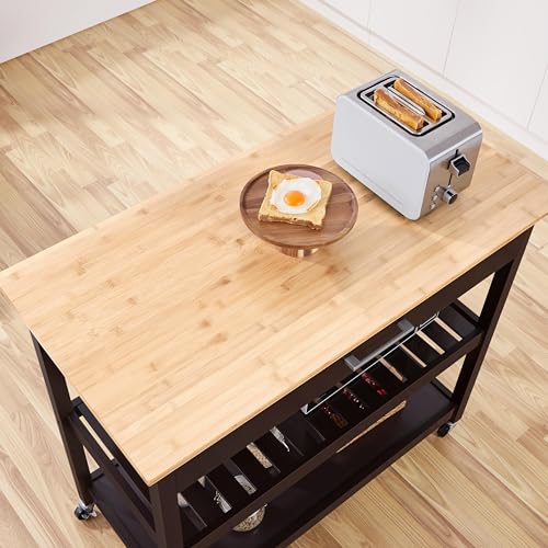 Yaheetech Kitchen Island Cart on Wheels with Bamboo Tabletop, 3-Tier Rolling Kitchen Island Microwave Cart with Drawer, Detachable Towel, 3 Hooks, 17