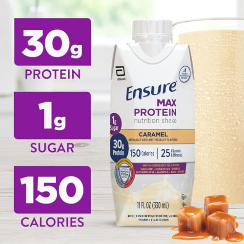 Ensure Max Protein Shake | French Vanilla | Ready to Drink | 30g Protein for Muscle Health | 1g Sugar, 4g Fiber | 11 fl oz, 12 Pack