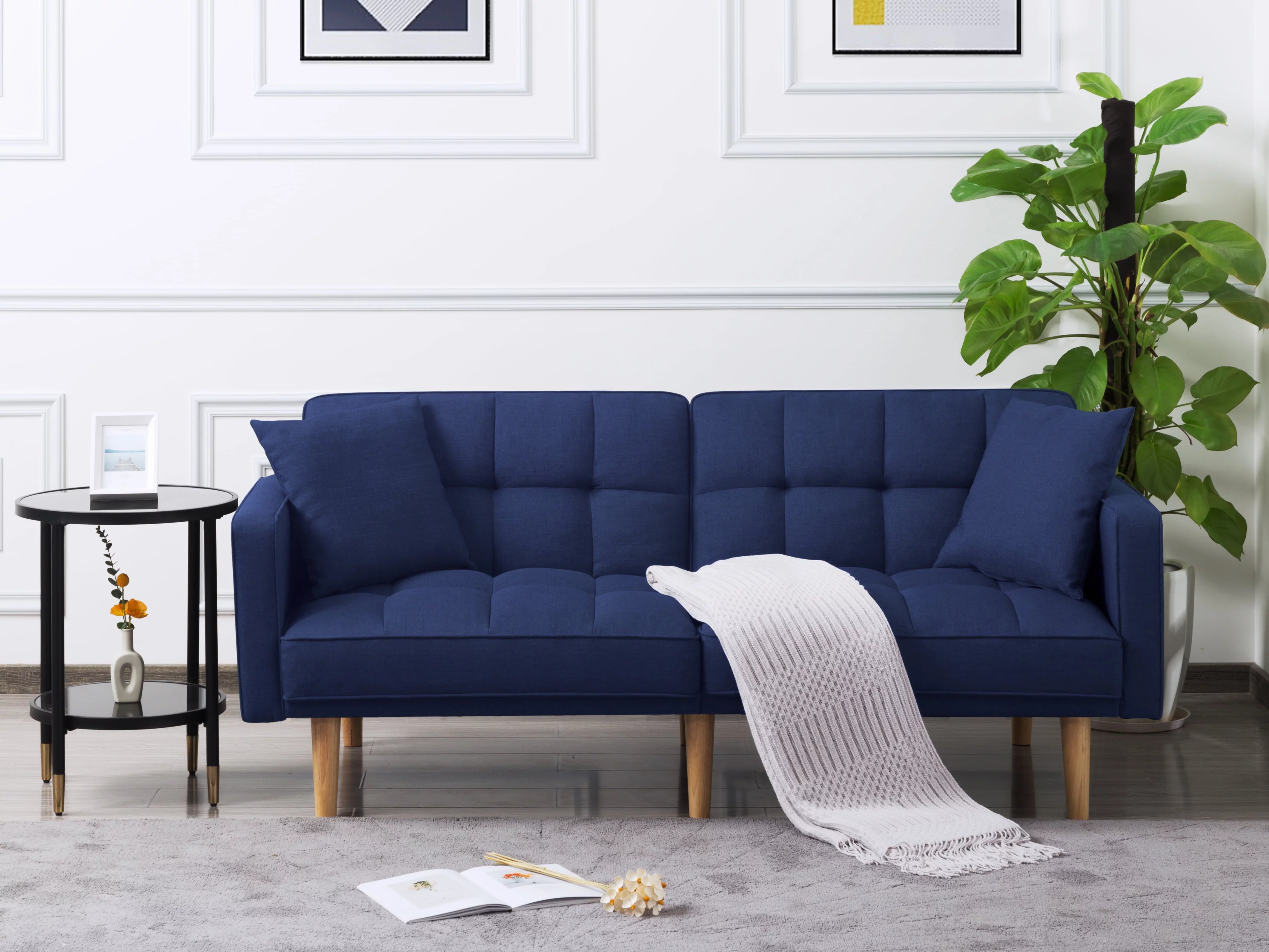 BSHTI 71.3 inch Futon Sofa Bed, Modern Convertible Sleeper Couch with 2 Pillows for Livingroom(Navy Blue)