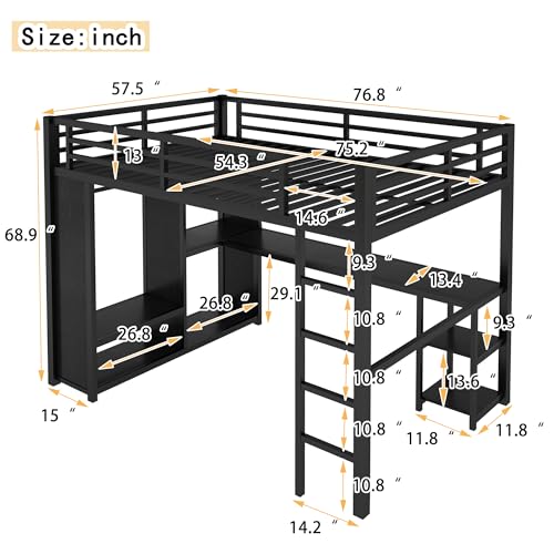 Bellemave Queen Size loft Bed with L Desk, Wardrobe, Metal Queen Loft Bed Frame for Adults, Kids, Teens, Black