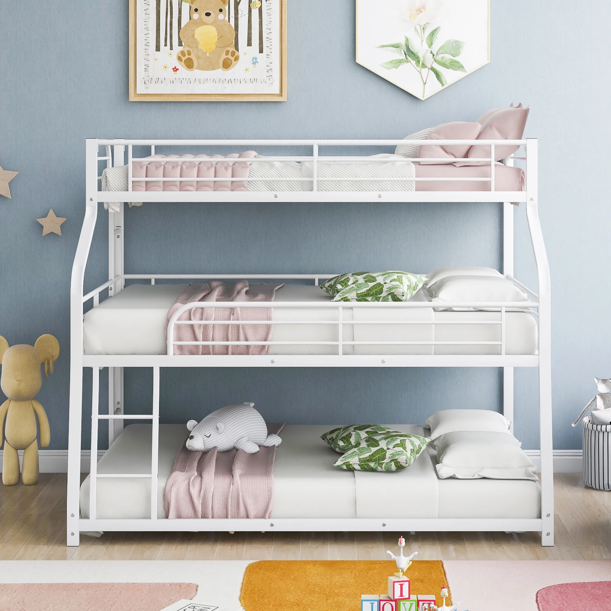 Euroco Metal Triple Bunk Bed, Twin-XL over Full-XL over Queen Size for Kids and Adults Room, White