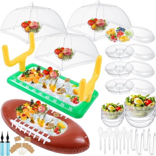 128 Pcs Inflatable Buffet Cooler for Parties 2 Football Inflatable Serving Bar 6 Salad Bowl 3 Food Cover 12 Serving Utensils 5 Tray 100 Labels Football Party Decorations