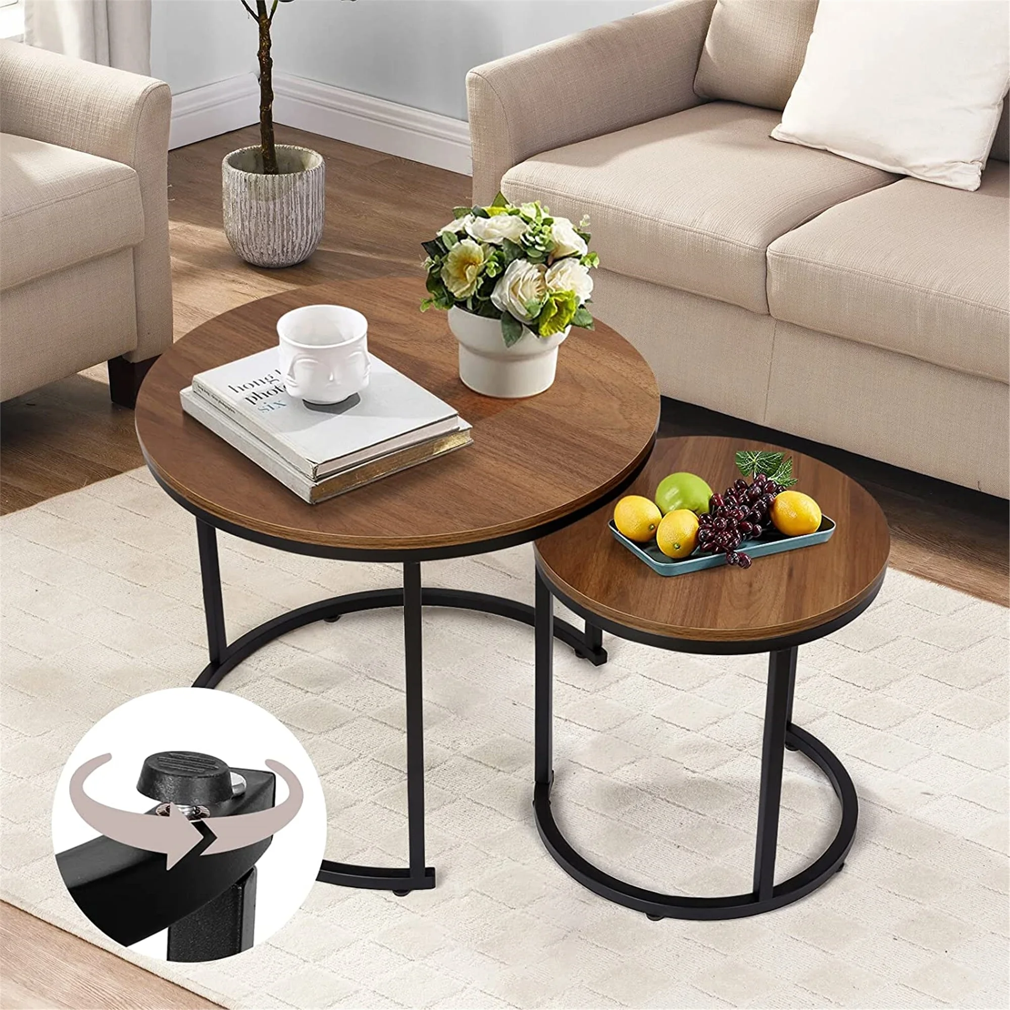 Modern Round Nesting Tables with Metal Frame (Set of 2) (White & Black)