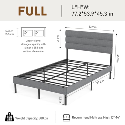 Full Bed Frame with Linen Upholstered Headboard, Metal Platform Bed Frame Full Size with 14