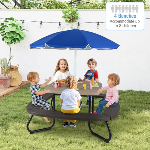 KOTEK 8-Person Kids Picnic Table, Toddler Activity Table with Removable Umbrella, 4 Built-in Benches, HDPE Top & Metal Frame, Kids Outdoor Table for Patio Garden Backyard (Blue+Red)