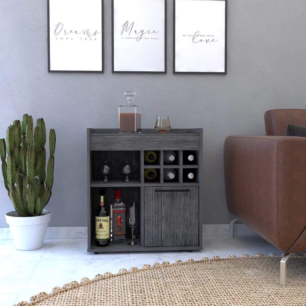 Treevol Furniture, Bar Cabinet Dext, Two Concealed Shelves, Six Wine Cubbies, Light Gray Finish