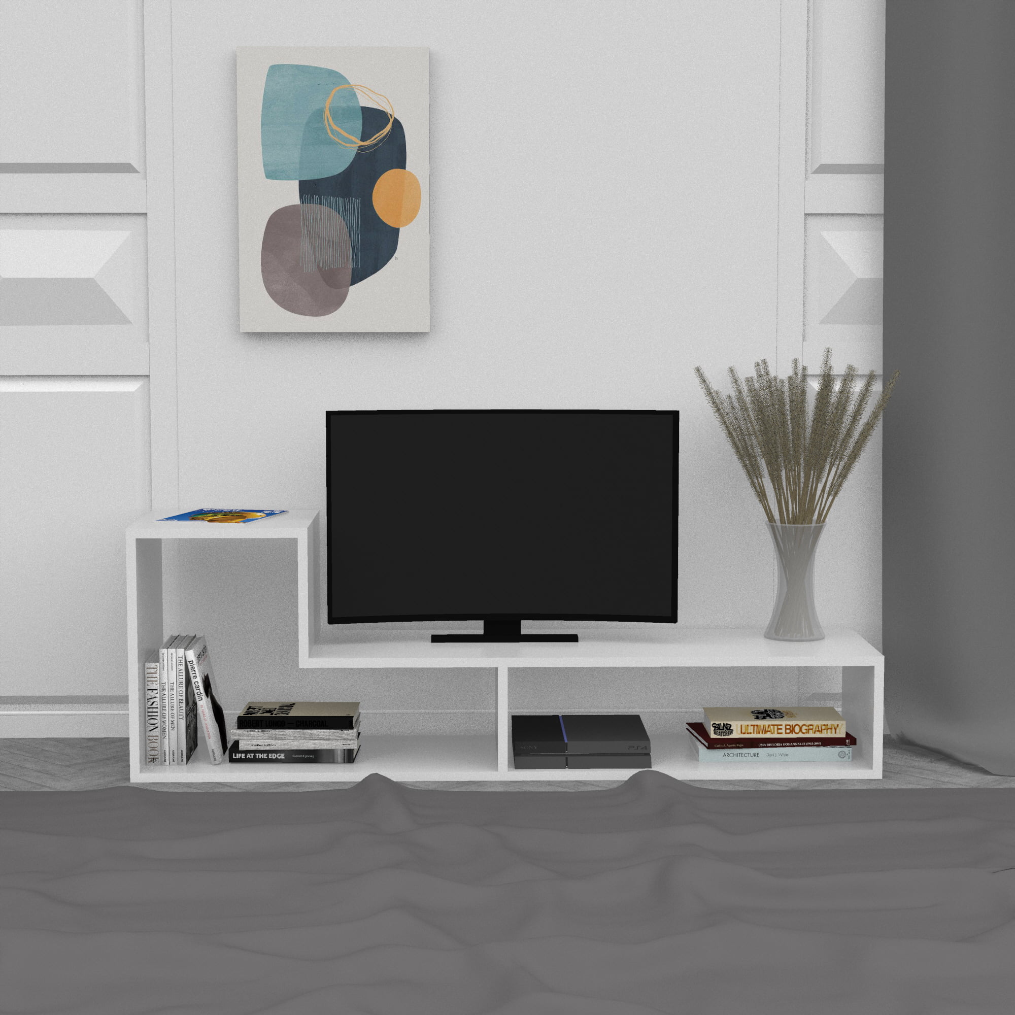 Casamudo Minimalist Asymmetrical Modern L Shape TV Console Table-Book Stand, Display Shelf, Set of 2 Geometrical Parts, For Home and Office Use.