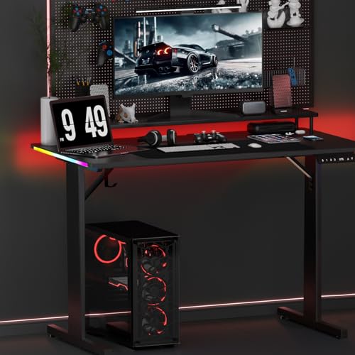 GTRACING Gaming Desk 55 Inch with LED Lights, Large Computer Desk with Mouse Pad for Home Office, T-Shaped Carbon Fibre Surface PC Game Workstations with Headphone Hook