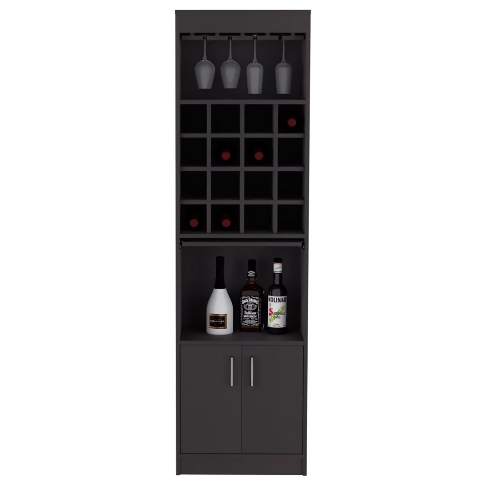 Depot E-Shop Athens Kava Bar Cabinet, 16 Built-in Wine Rack, Two Door Cabinet, Two Shelves, Black