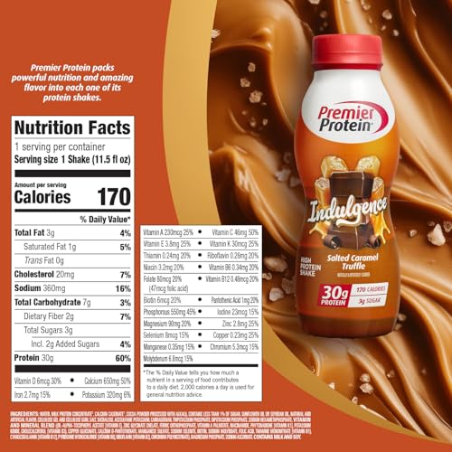 Premier Protein Indulgence Protein Shake, 30g Protein, 3g Sugar, Salted Caramel Truffle, 11.5 fl oz, Pack of 12