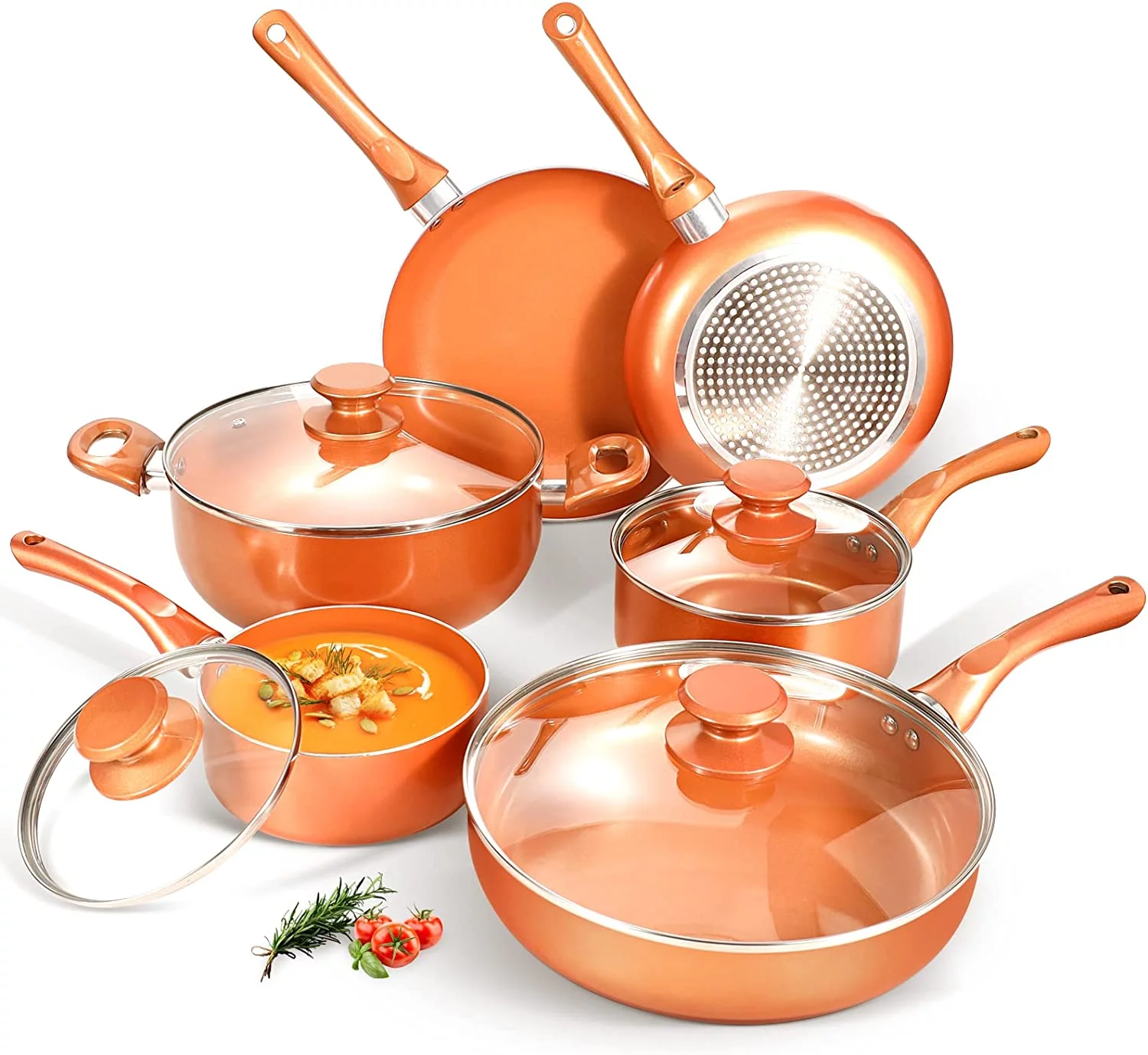 Excellent Pots and Pans Set  Cookware Set  Copper Pan Set  Nonstick Ceramic Coating  Saute Pan  Saucepan Stockpot with Lid  Fry Pan  Copper  10pcs