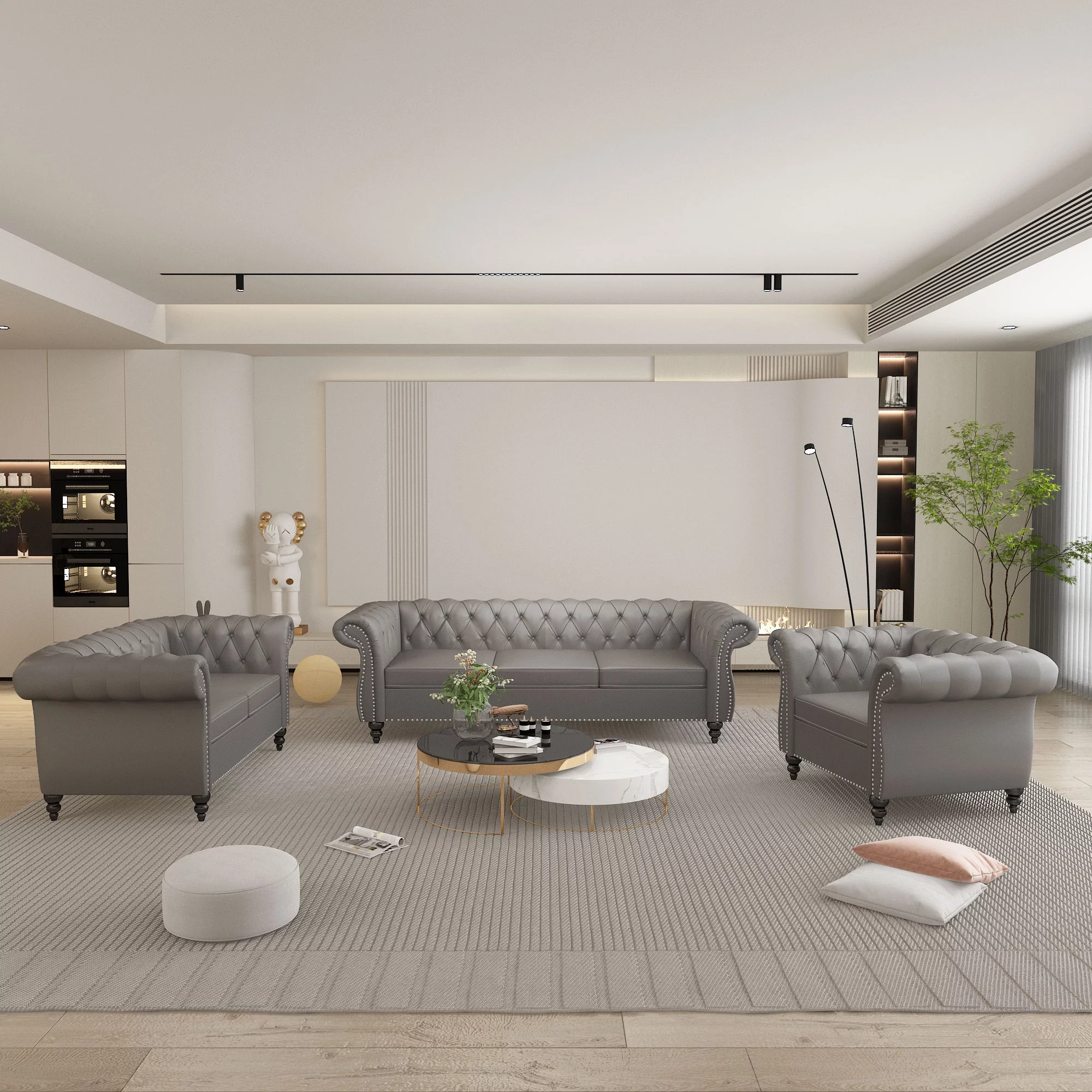 Yocwo Faux leather Couches Set for Living Room,3 Piece Sofa with Including Three Seat Sofa, Loveseat and Single Chair for Apartment Furniture Set (Gray)