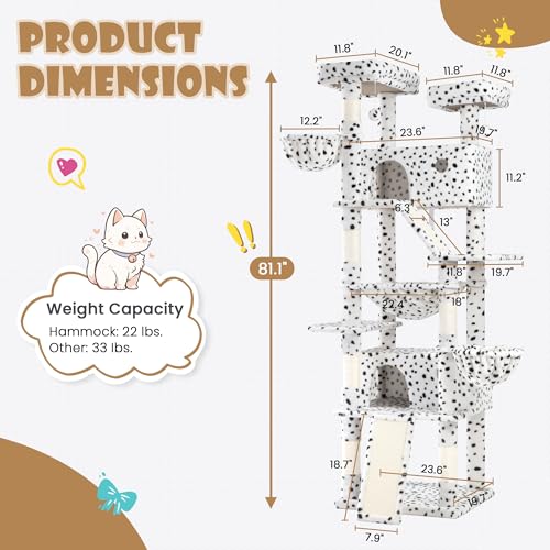 SHA CERLIN 81in Multi-Level Tall Cat Tree Tower for Indoor Kitties/Larger Cat Condo Furniture with Hammock/Cozy Pussycat Perches/Sisal Scratching Posts/Pet House/Wide Base/Dark Grey
