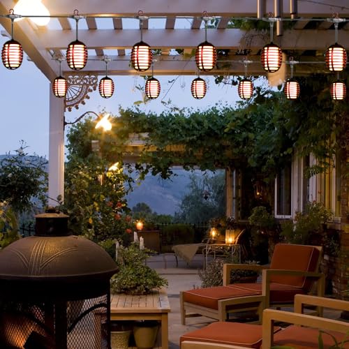 Outdoor Solar String Lights, 30 Ft 15 LED Solar Powered Patio Lights Outside Flickering Flame Hanging Light, Deck Yard Fence Gazebo Garden Party Wedding Halloween Decorative