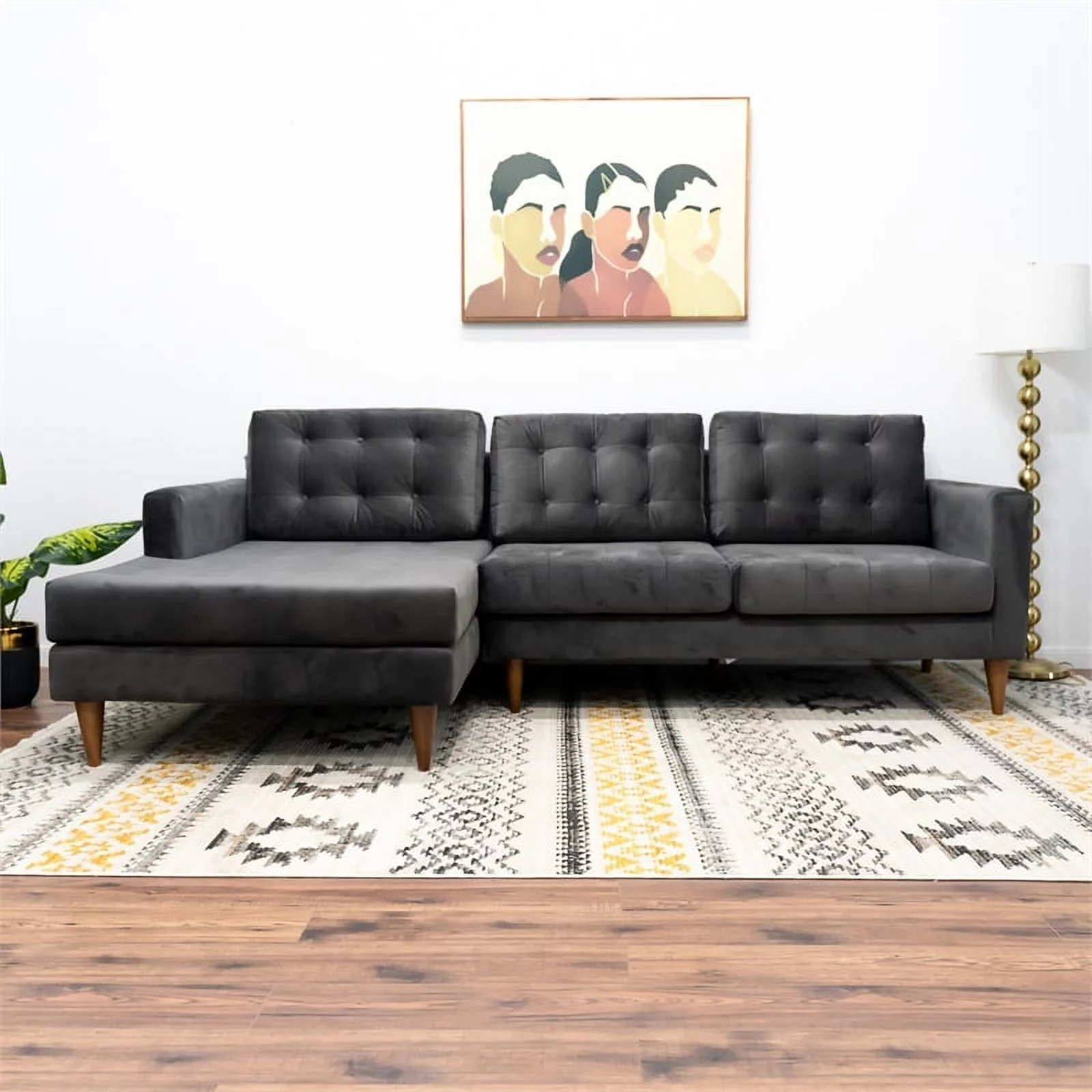 Whitney Modern Furniture Style Velvet Living Room Sectional Dark Gray Sofa