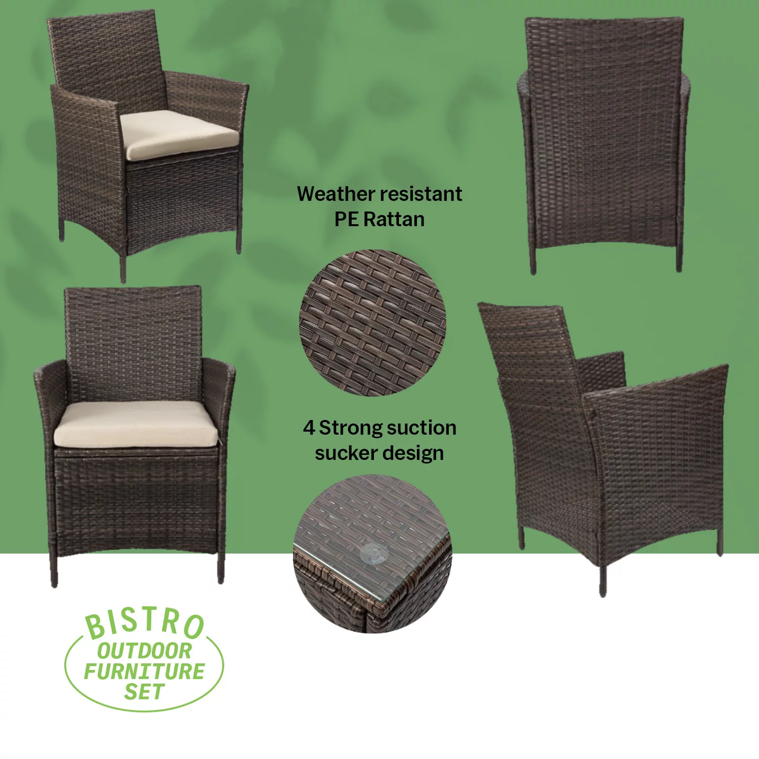 Sofia 3 Piece Rattan Bistro Patio Furniture Set- 2 Metal & Soft Cushion Chairs With a Beautiful Cafe Table - Beige