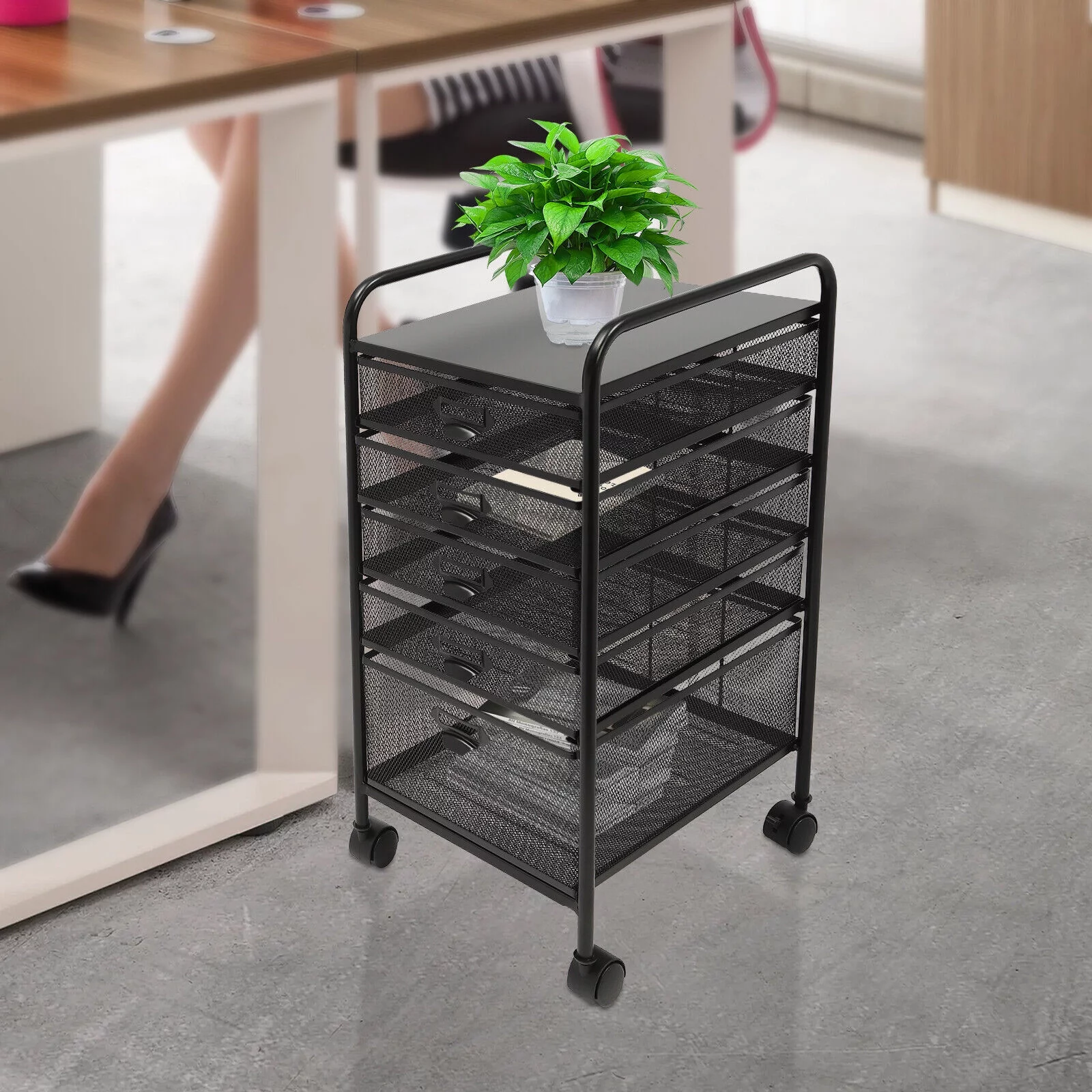 Office File Cabinet Paper Organizer+Wheels 5Drawer Black