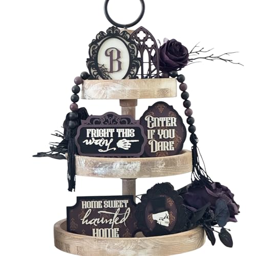 Haunted Gothic Tiered Tray Decor Set, 7-Piece Vintage Halloween Tray Bundle with Gothic Frames and Personalized Cameo, Spooky Victorian Mantel and Shelf Decorations
