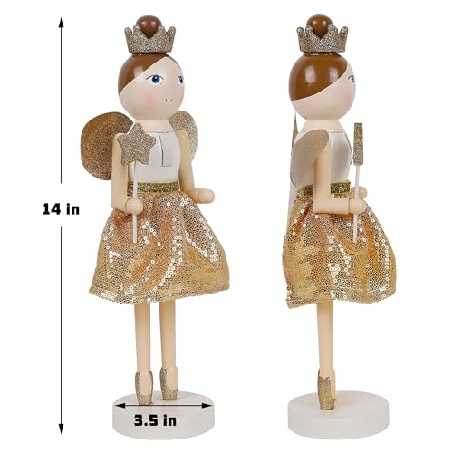Joliyoou 14 Inch Christmas Nutcracker Figures, Wooden Nutcracker Golden Fairy Queen Holding A Lighted Snowflake Wand, Xmas Mantel Ornaments Tabletop Centerpieces Festival Shelves Decorations