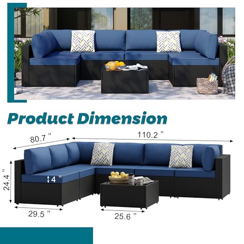SUNLEI 5pcs Patio Outdoor Furniture Sets Conversation Set,Low Back All-Weather Rattan Sectional Sofa with Tea Table&Washable Couch Cushions(Black Rattan)（Aegean Blue）