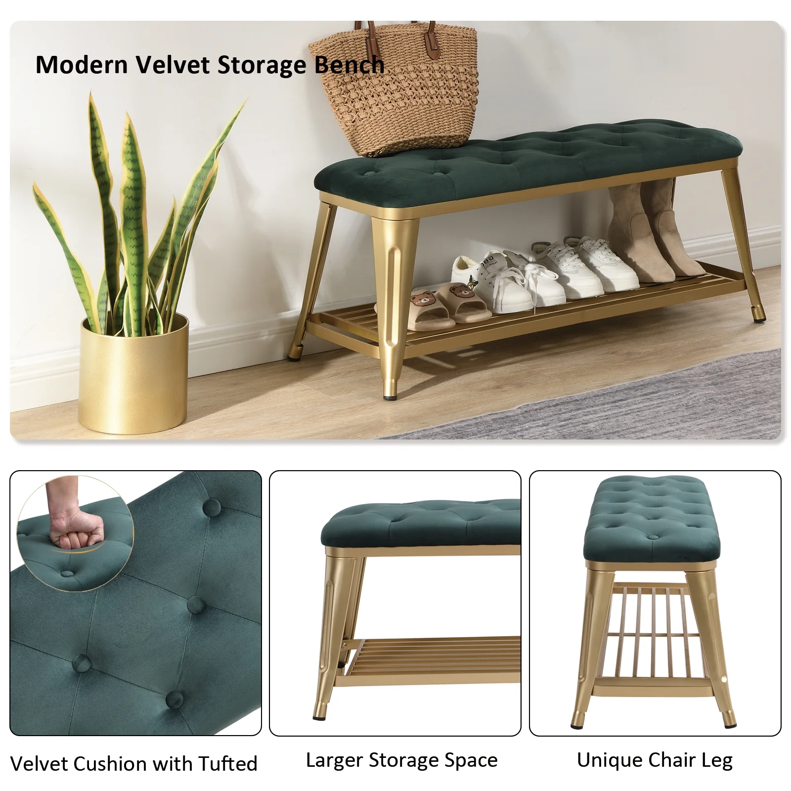 Shoe Storage Bench ,Entryway Shoe Rack Bench with Velvet Seat,Gold Legs, End of Bed Bench for Entryway Bedroom Living Room