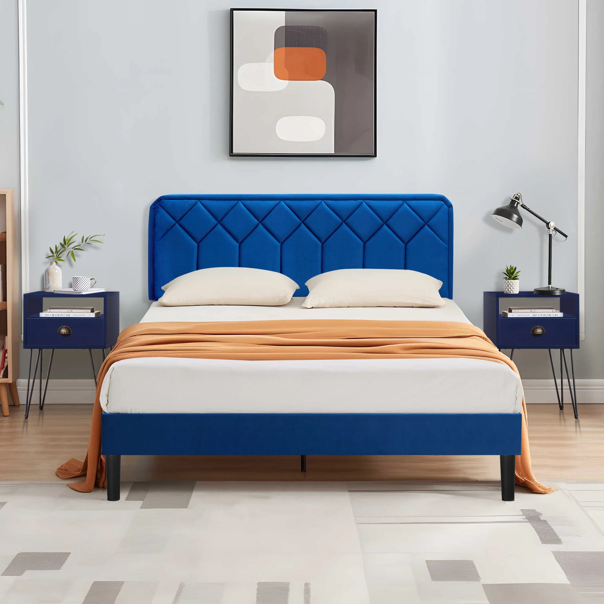 VECELO Modern 3-Piece Blue Bedroom Set, Queen Upholstered Bed Frame with Adjustable Headboard, Nightstand Set of 2 with 1-Drawer and Open Storage Shelf